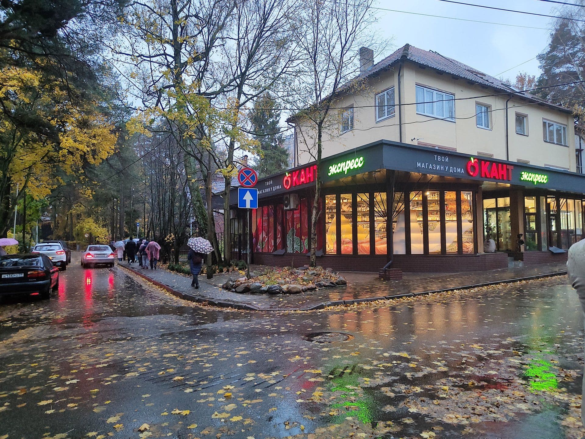 Вечерняя улица Светлогорска в осенних листьях