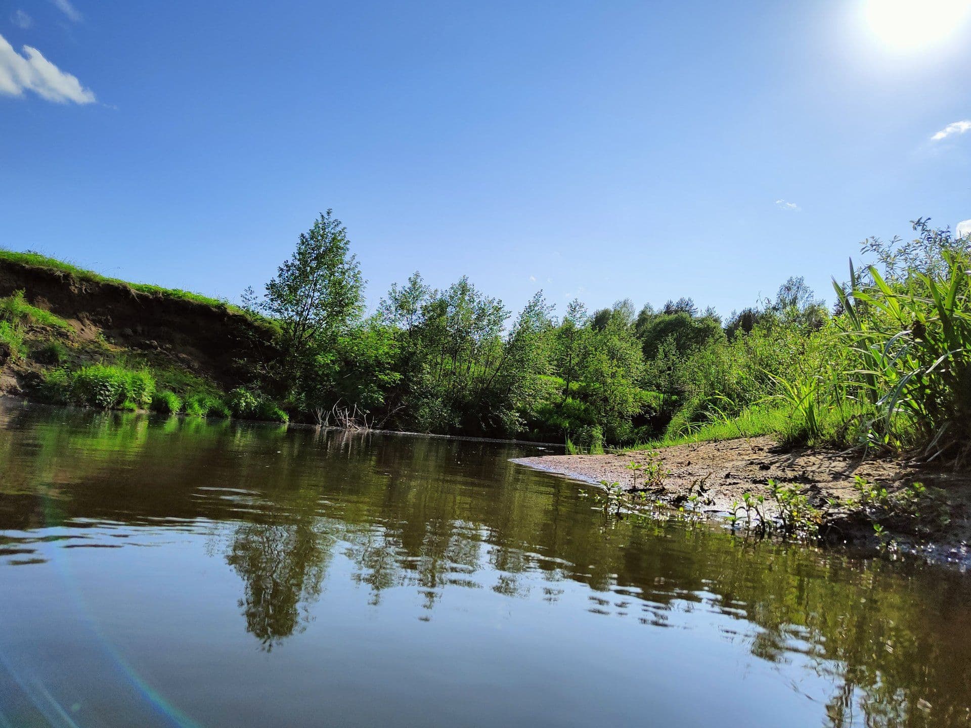 Спокойная вода реки Покши и зелёные берега